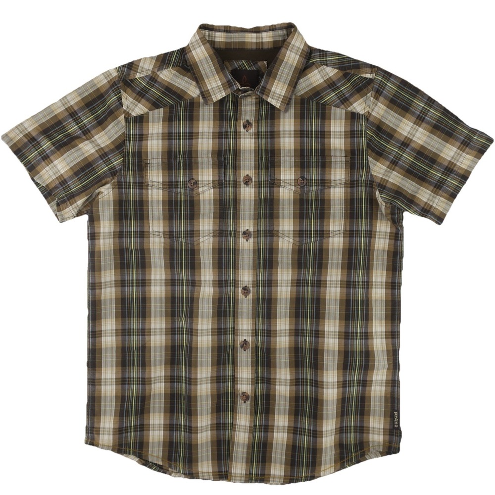 Prana Organic Cotton Blend Short Sleeve Button Up Shirt Mens Small Brown